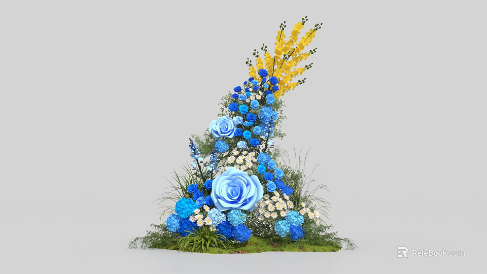 Elegant Floral Installation With Blue Yellow White Flowers And Green Leaves 3d model 