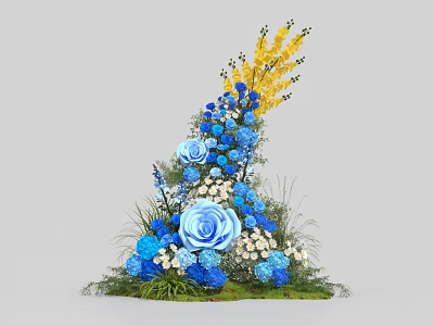 Elegant Floral Installation With Blue Yellow White Flowers And Green Leaves 3d model
