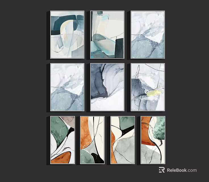Nine Abstract Paintings with Geometric Shapes Green Blue Orange Tones for Modern Home Wall Decor 3d model 