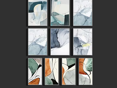 Nine Abstract Paintings with Geometric Shapes Green Blue Orange Tones for Modern Home Wall Decor 3d model