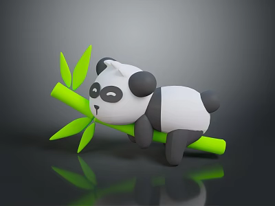 Cartoon Panda Character Lying On Green Bamboo Branch With Smiling Face 3d model