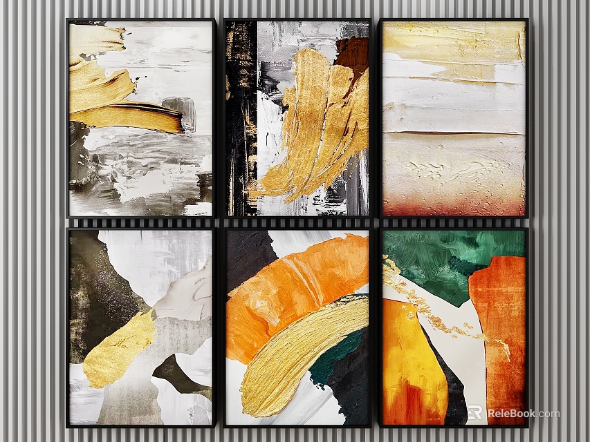 Abstract Paintings With Color Blocks And Brush Strokes In Gold Orange Green And Black Frames 3d model 