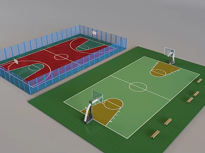 Outdoor Basketball Courts With Red Green Surfaces Blue Fencing Hoops And Benches 3d model