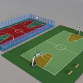 Outdoor Basketball Courts With Red Green Surfaces Blue Fencing Hoops And Benches