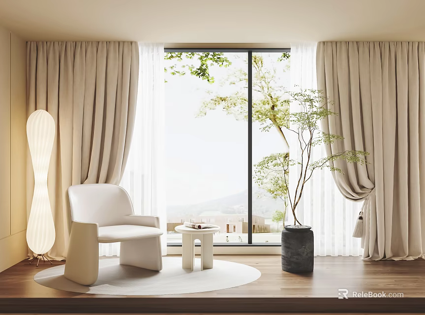 Beige Soft Curtains In Modern Living Room With Window Natural View And White Chair 3d model 