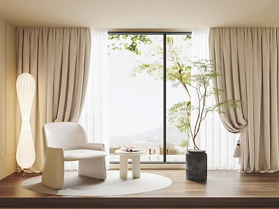 Beige Soft Curtains In Modern Living Room With Window Natural View And White Chair 3d model