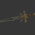 Ornate Fantasy Sword with Blue Glowing Blade Red Decorative Hilt Metallic Accents and Intricate Details