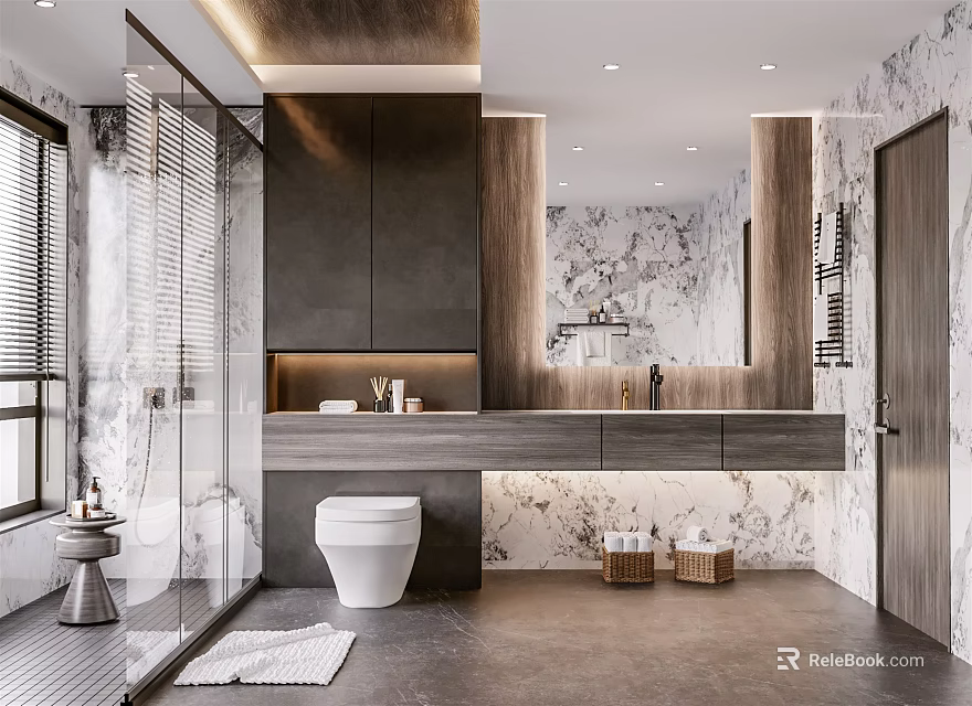 Modern Bathroom Interior Design With Marble Countertop Wooden Cabinets And Glass Shower Enclosure 3d model 