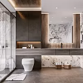 Modern Bathroom Interior Design With Marble Countertop Wooden Cabinets And Glass Shower Enclosure