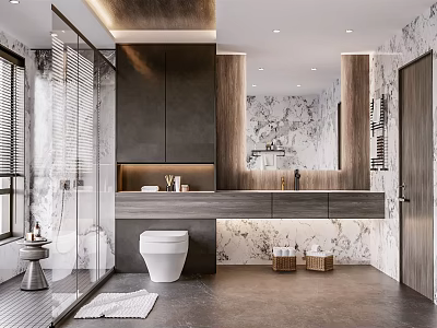Modern Bathroom Interior Design With Marble Countertop Wooden Cabinets And Glass Shower Enclosure 3d model