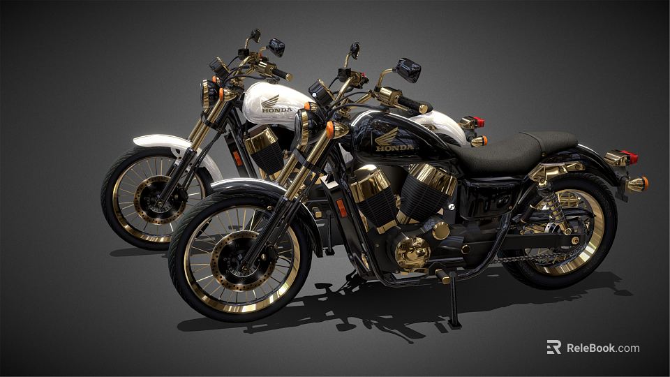 Classic Black Motorcycles With Gold Accents And Chrome Details Parked Together 3d model 