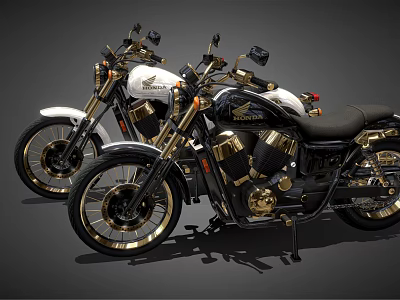 Classic Black Motorcycles With Gold Accents And Chrome Details Parked Together 3d model