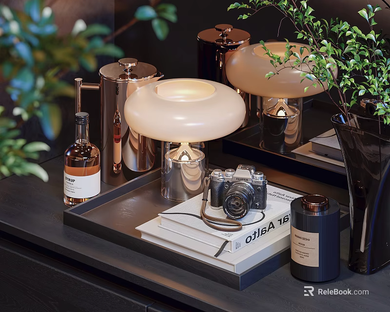 Stylish Decorative Ornament Collection Featuring Table Lamp Vintage Camera Books And Metallic Containers 3d model 