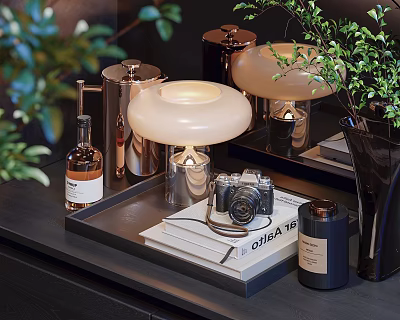 Stylish Decorative Ornament Collection Featuring Table Lamp Vintage Camera Books And Metallic Containers 3d model