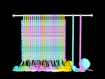 Colorful Knitted Window Display with Hanging Fabric Rod Yarn Balls And Scattered Threads 3d model