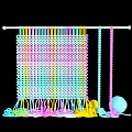 Colorful Knitted Window Display with Hanging Fabric Rod Yarn Balls And Scattered Threads