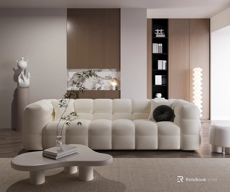 Modern Beige Puffy Sofa and Coffee Table Set with Black Pillow Green Plant Wooden Backdrop 3d model 