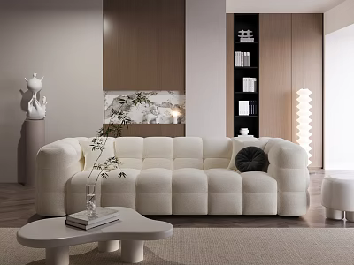 Modern Beige Puffy Sofa and Coffee Table Set with Black Pillow Green Plant Wooden Backdrop 3d model