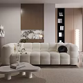 Modern Beige Puffy Sofa and Coffee Table Set with Black Pillow Green Plant Wooden Backdrop