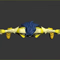 Blue Haired Anime Game Character In Yellow Armor Posing On Dark Reflective Surface