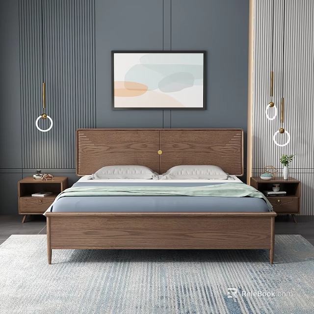 Modern Wooden Double Bed With Headboard Nightstands Light Blue Bedding And Abstract Painting 3d model 