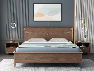 Modern Wooden Double Bed With Headboard Nightstands Light Blue Bedding And Abstract Painting 3d model