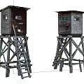 Two Vintage Wooden Watchtowers With Ladders And Rustic Elevated Structures Design 3d model