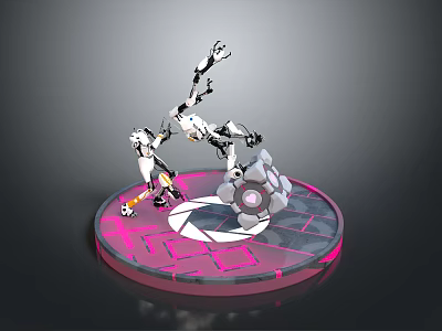 Mechanical Character and Creature in Dynamic Poses on Circular Platform with Pink Glowing Edges 3d model