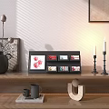 Decorative Ornament Set with Wooden Shelf Colorful Cards Black Candle Holders Vase and Ceramic Mugs