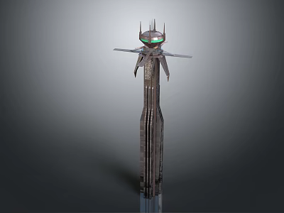 Cartoon Scene Featuring Tall Metallic Tower With Spire Green Circular Top And Vertical Stripes 3d model