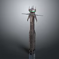 Cartoon Scene Featuring Tall Metallic Tower With Spire Green Circular Top And Vertical Stripes