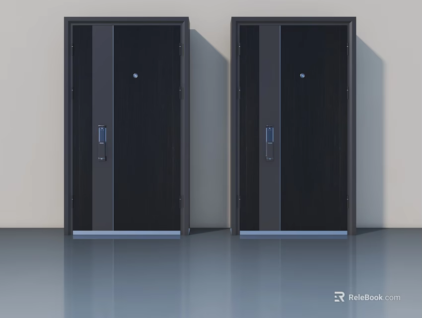 Modern Black Double Swing Doors With Smooth Surface And Metal Frames 3d model