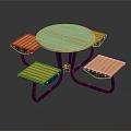 Outdoor Round Wooden Table And Benches Set With Black Metal Legs