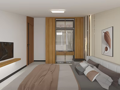 Modern Hotel Guest Room With Comfortable Bed TV Wooden Wardrobe And Decorative Painting 3d model