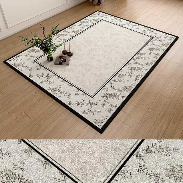 Light Colored Square Rug with Black Border and Floral Pattern on Wooden Floor 3d model 