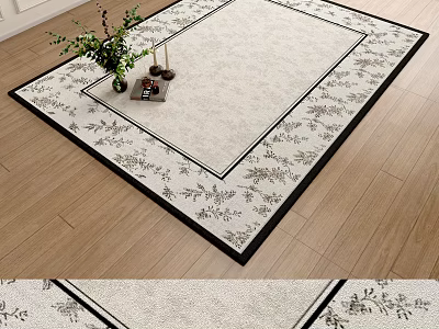 Light Colored Square Rug with Black Border and Floral Pattern on Wooden Floor 3d model