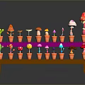 Colorful Mushroom Planters on Multi Tiered Wooden and Pink Shelves