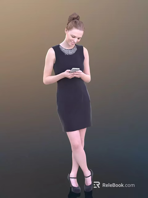 A Woman In Sleeveless Black Dress Wearing Necklace Holding Smartphone 3d model 