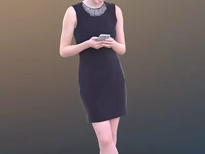 A Woman In Sleeveless Black Dress Wearing Necklace Holding Smartphone 3d model