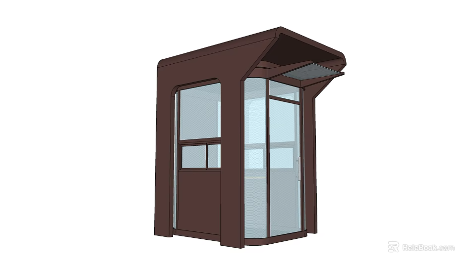 Modern Brown Security Booth With Glass Windows Door And Canopy Roof Structure 3d model 