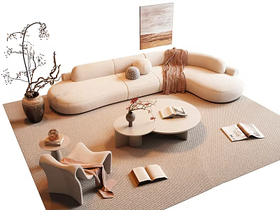 Modern Curved Sofa And Coffee Table Set With Armchair Books Rug And Wall Art 3d model