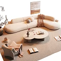 Modern Curved Sofa And Coffee Table Set With Armchair Books Rug And Wall Art