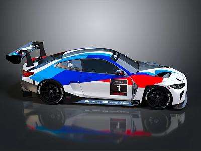 BMW Race Car With Blue Red White Livery Number 1 And Rear Wing 3d model