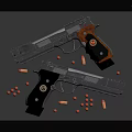 Two Detailed Tactical Handguns With Orange Accents And Scattered Bullets On Dark Surface