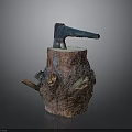 Natural Wooden Tree Stump With Axe Embedded In Rough Texture Surface