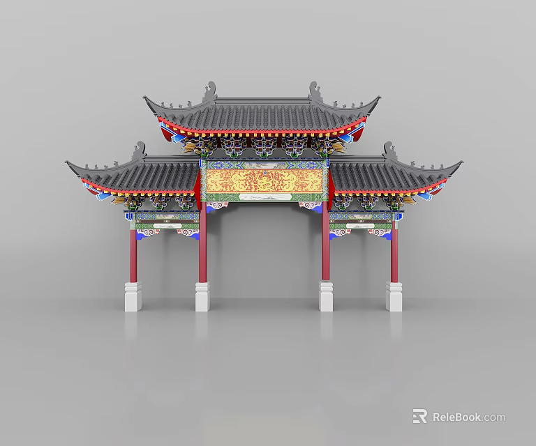 Traditional Chinese Archway with Red Pillars Curved Eaves Tiled Roof and Ornate Carvings 3d model 