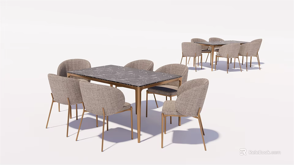 Modern Square Dining Table Set With Marble Top And Upholstered Chairs 3d model