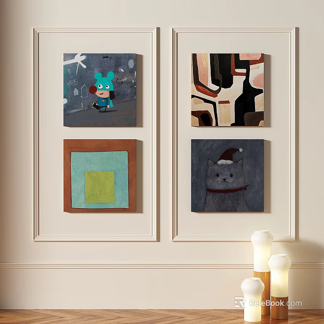 Abstract Paintings Hanging On Interior Wall With Various Styles And Colorful Elements 3d model