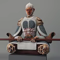 Intricate Seated Warrior Sculpture With Detailed Armor and Long Staff on Square Base