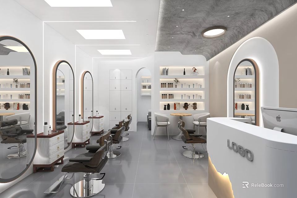 Modern Beauty Hair Salon Interior With Barber Chairs Mirrors Product Shelves And Reception Desk 3d model 